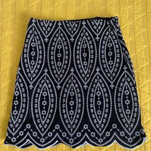 LOFT White and Black Embroidered A-Line Skirt